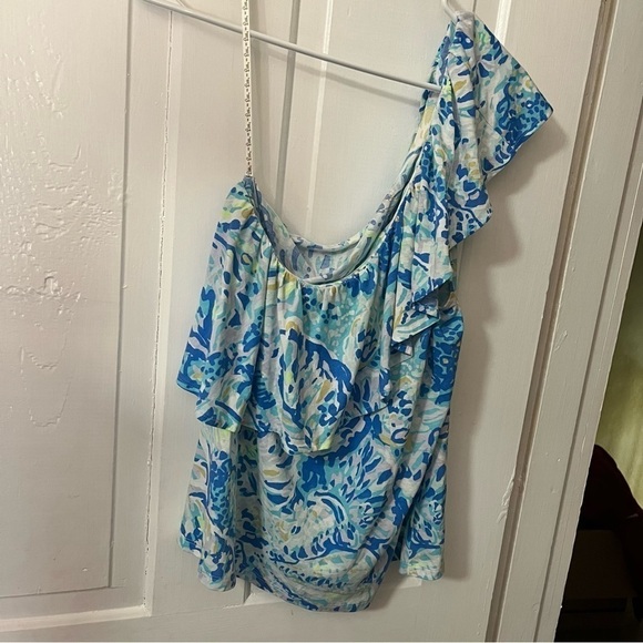 Lilly Pulitzer Matteo One Shoulder Top Blouse Salty Seas Bennet Blue Large T1 - Picture 2 of 8